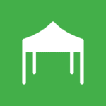 White vector graphic of a tent on a green background
